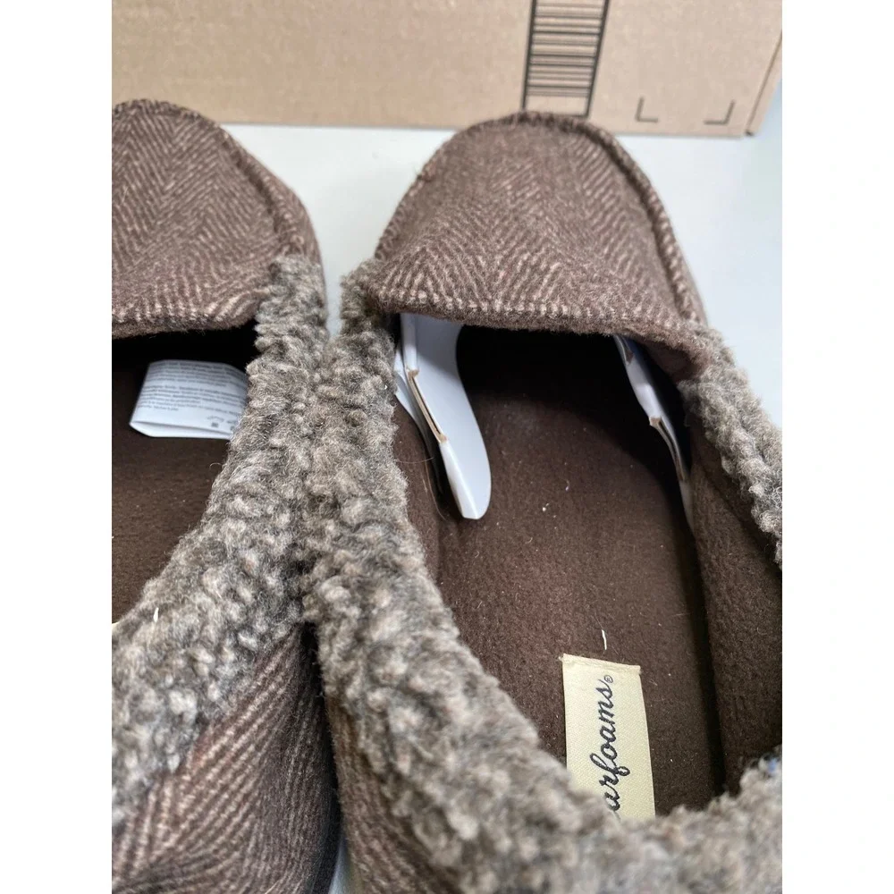Dearfoams Mens Herringbone Clog Slippers Brown Faux Fur Trim Size L 11-12